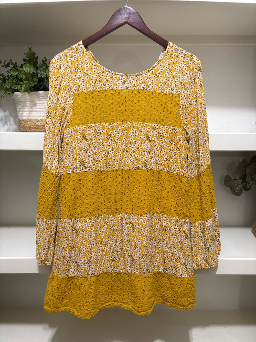 Mustard Floral Tiered Long-Sleeve Dress